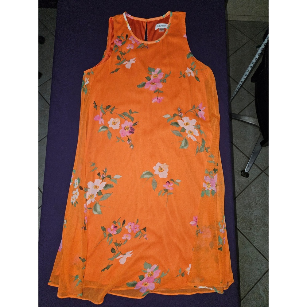 Calvin Klein Orange Floral Sleeveless Shift Dress Size 8 Keyhole Back Crepe
